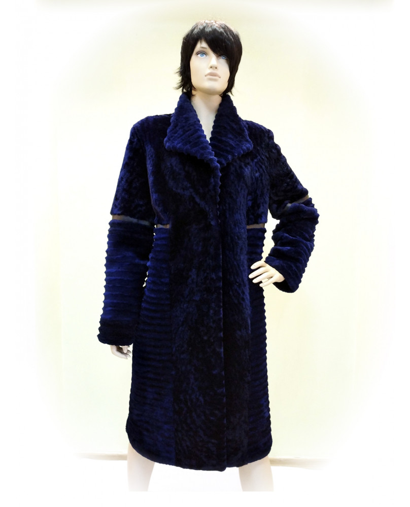 Пальто женское из натурального меха; Модель: M-01-17; Цвет: синий; Мех: овчина; 