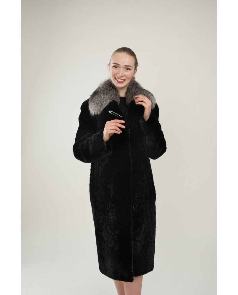 Пальто женское из натурального меха; Модель: M-27-18; Цвет: чёрный; Мех: овчина; 
